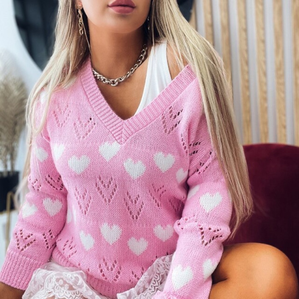 Pink Heart Crochet Sweater